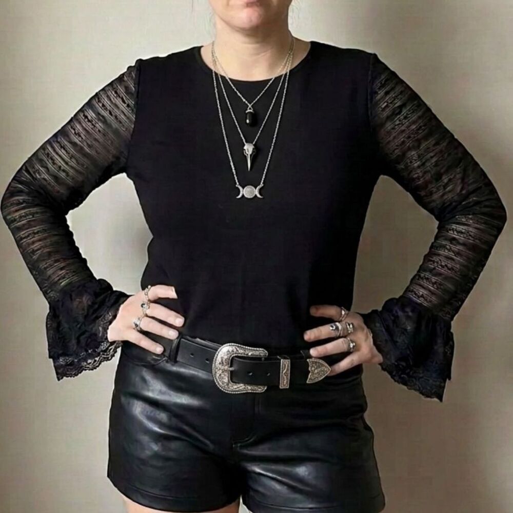 ME+EM Black Boho Witchy Top with Lace Sleeves